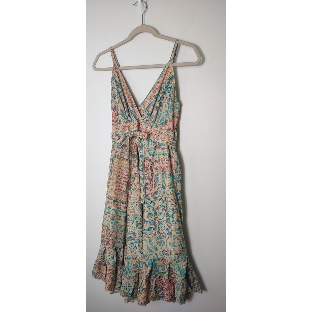 Babydoll watercolor v-neck adjustable lightweight V-Neck Tie Front Sundress S - Picture 2 of 6